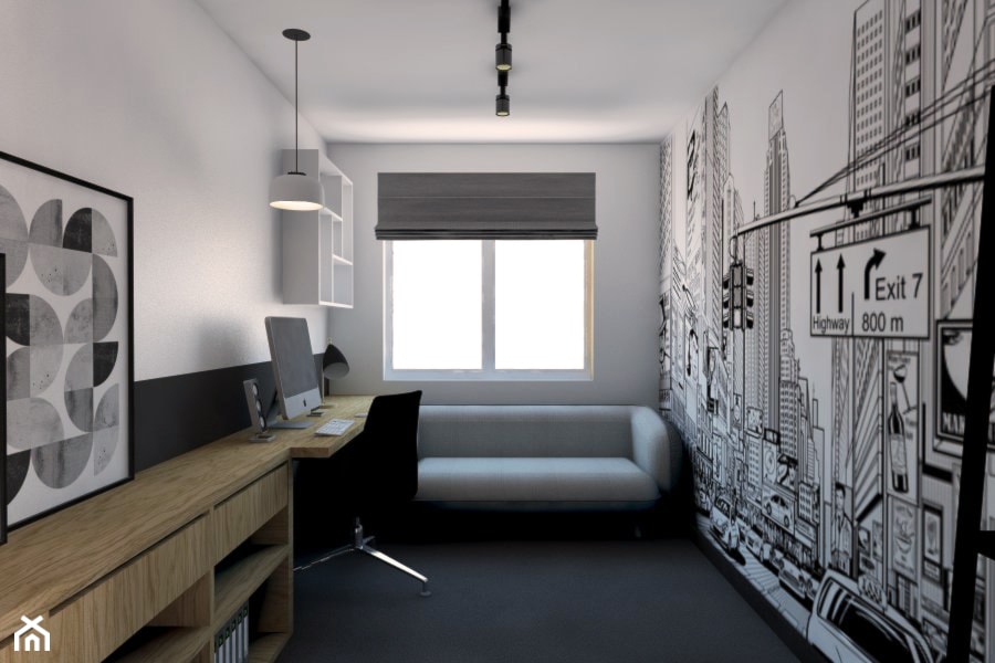 Projekt Mieszkania w stylu industrialnym Kraków - Małe w osobnym pomieszczeniu z sofą z zabudowanym biurkiem białe czarne biuro, styl industrialny - zdjęcie od pim concept - Homebook