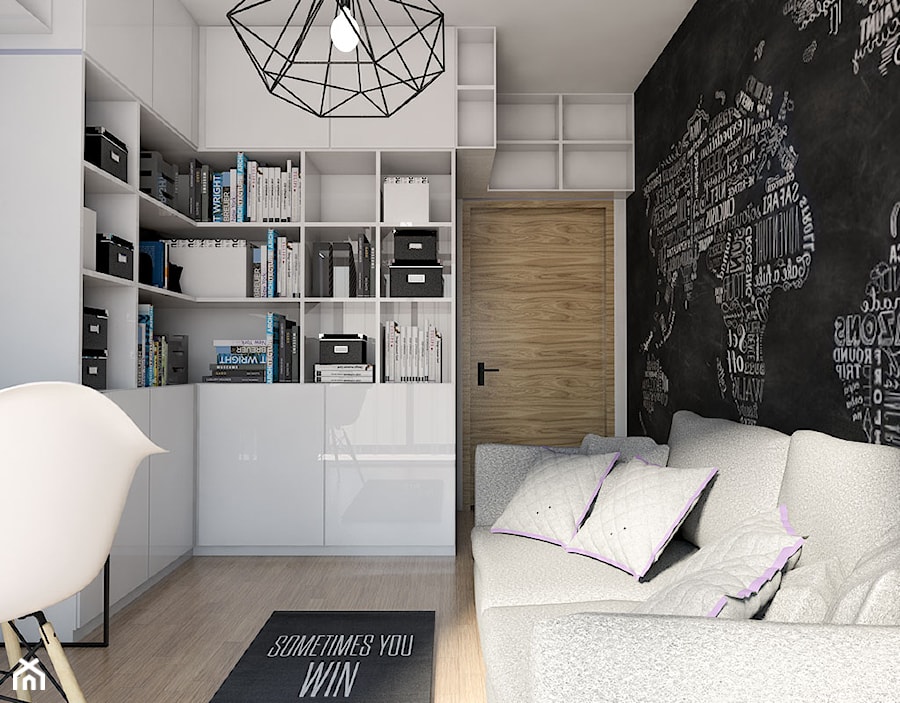 Projekt mieszkania 90 m2 w Krakowie - Małe w osobnym pomieszczeniu z sofą czarne żółte biuro, styl nowoczesny - zdjęcie od pim concept