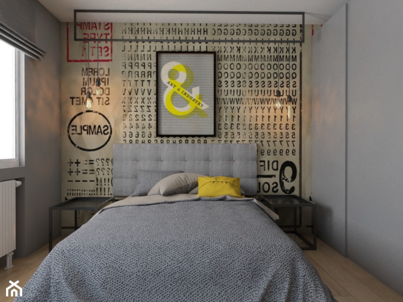 Projekt Mieszkania w stylu industrialnym Kraków - Mała szara sypialnia, styl industrialny - zdjęcie od pim concept