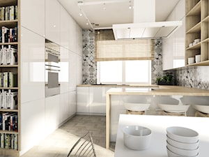 Projekt domu jednorodzinnego w Krakowie, 250m2 - Średnia otwarta biała z zabudowaną lodówką z nablatowym zlewozmywakiem kuchnia w kształcie litery g z oknem, styl skandynawski - zdjęcie od pim concept