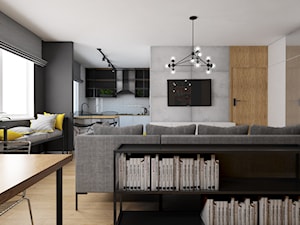 Projekt Mieszkania w stylu industrialnym Kraków - Średni biały czarny salon z kuchnią z jadalnią, styl industrialny - zdjęcie od pim concept