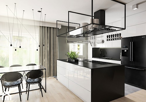 Projekt mieszkania 90 m2 w Krakowie - Średnia otwarta z salonem z kamiennym blatem szara z zabudowaną lodówką z nablatowym zlewozmywakiem kuchnia jednorzędowa z wyspą lub półwyspem z oknem, styl nowoczesny - zdjęcie od pim concept