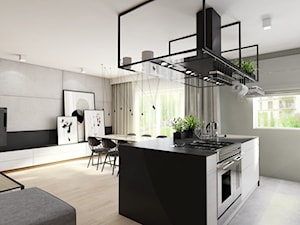 Projekt mieszkania 90 m2 w Krakowie - Średnia otwarta z kamiennym blatem szara z zabudowaną lodówką kuchnia jednorzędowa z oknem, styl nowoczesny - zdjęcie od pim concept