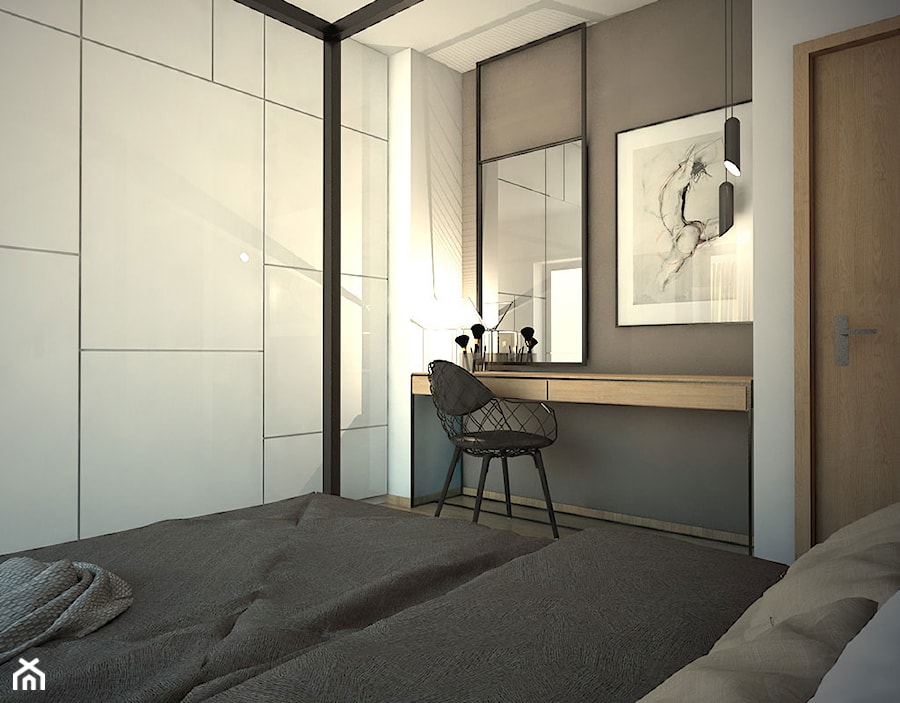 Projekt mieszkania 90 m2 w Krakowie - Mała biała szara sypialnia, styl nowoczesny - zdjęcie od pim concept