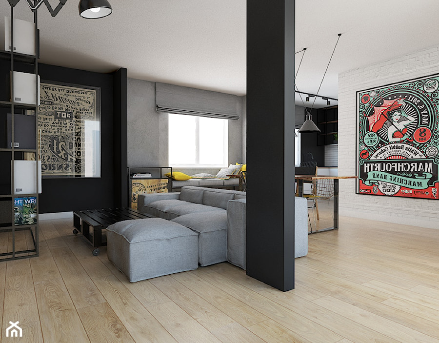 Projekt Mieszkania w stylu industrialnym Kraków - Średni czarny szary salon z kuchnią z jadalnią, styl industrialny - zdjęcie od pim concept