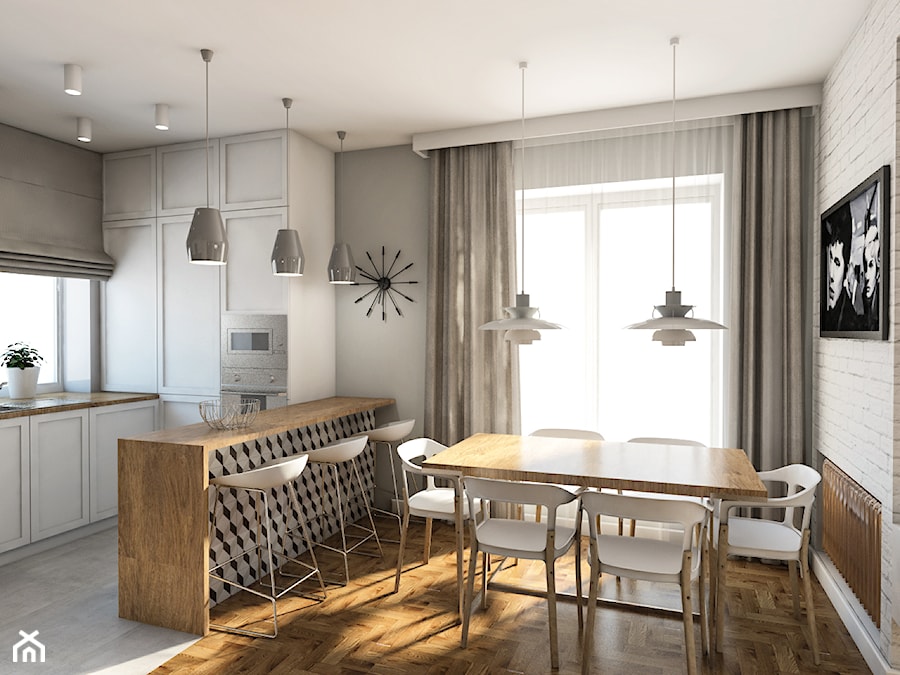 Projekt domu jednorodzinnego w Krakowie, 250m2 - Średnia biała szara jadalnia w kuchni, styl skandynawski - zdjęcie od pim concept