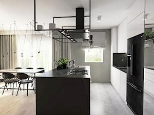 Projekt mieszkania 90 m2 w Krakowie - Średnia otwarta z kamiennym blatem szara z zabudowaną lodówką z nablatowym zlewozmywakiem kuchnia jednorzędowa z wyspą lub półwyspem z oknem, styl nowoczesny - zdjęcie od pim concept