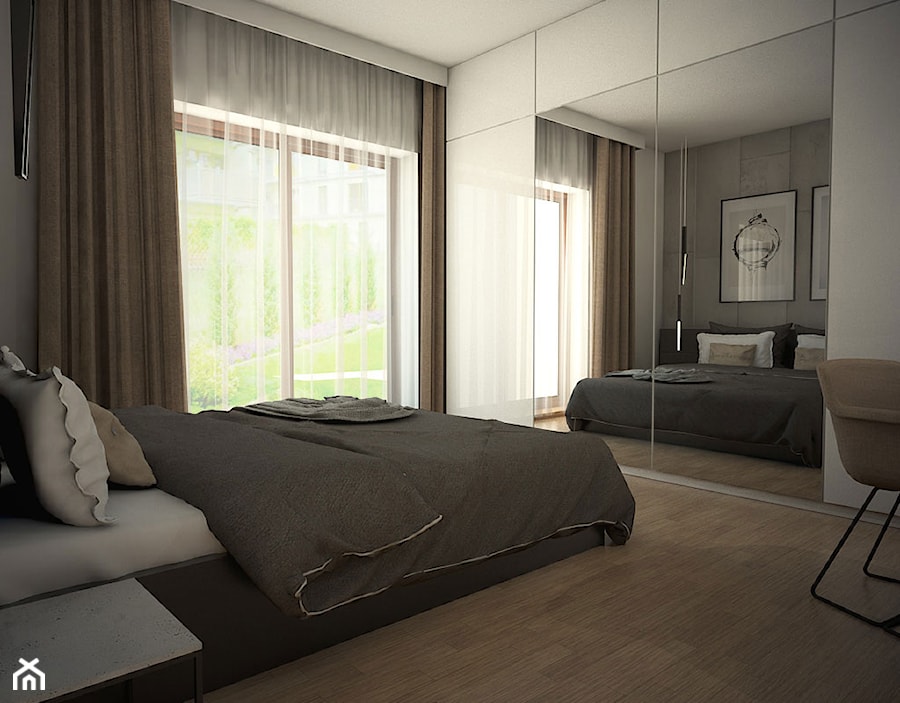 Projekt mieszkania 90 m2 w Krakowie - Średnia biała szara sypialnia z balkonem / tarasem, styl nowoczesny - zdjęcie od pim concept