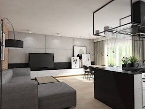 Projekt mieszkania 90 m2 w Krakowie - Mała otwarta z salonem z kamiennym blatem szara z zabudowaną lodówką kuchnia jednorzędowa z oknem, styl nowoczesny - zdjęcie od pim concept