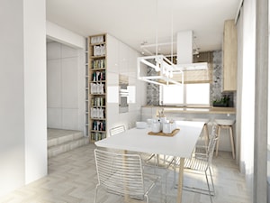 Projekt domu jednorodzinnego w Krakowie, 250m2 - Średnia otwarta z salonem biała czarna z zabudowaną lodówką z nablatowym zlewozmywakiem kuchnia w kształcie litery g z oknem, styl skandynawski - zdjęcie od pim concept