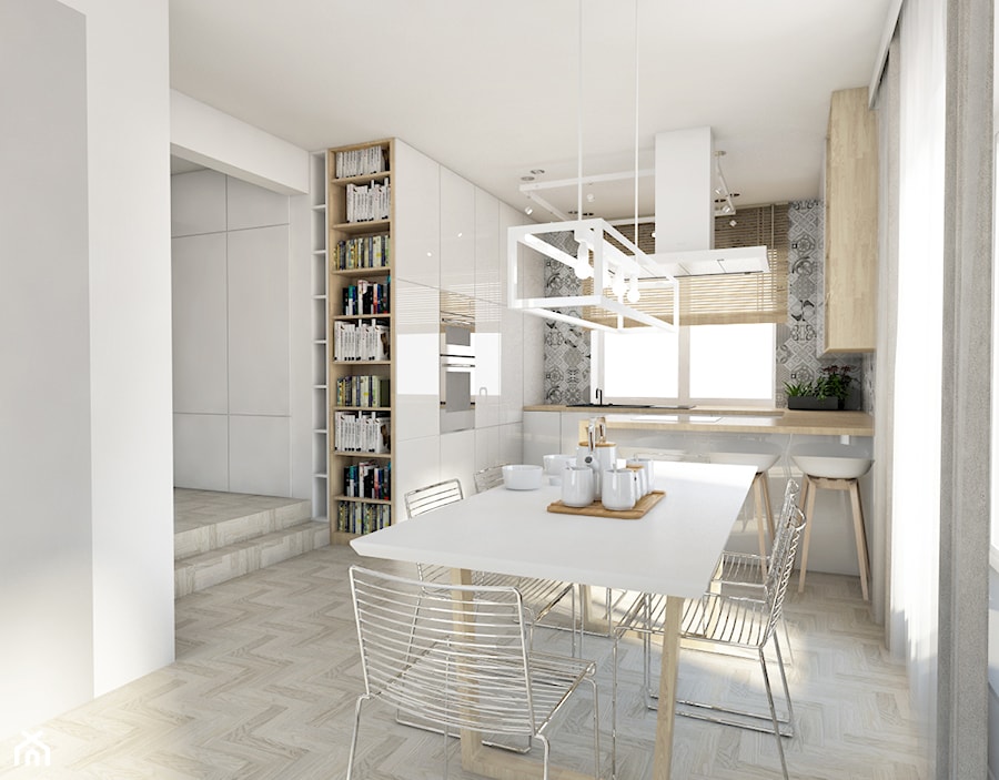 Projekt domu jednorodzinnego w Krakowie, 250m2 - Średnia otwarta z salonem biała czarna z zabudowaną lodówką z nablatowym zlewozmywakiem kuchnia w kształcie litery g z oknem, styl skandynawski - zdjęcie od pim concept