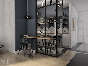 Projekt mieszkania 50m2, Kraków, Zabłocie - Średnia otwarta z salonem biała szara z zabudowaną lodówką kuchnia w kształcie litery l z marmurem nad blatem kuchennym, styl industrialny - zdjęcie od pim concept