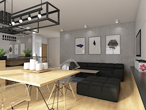 Projekt mieszkania 90 m2 w Krakowie - Duży biały szary salon z jadalnią, styl nowoczesny - zdjęcie od pim concept