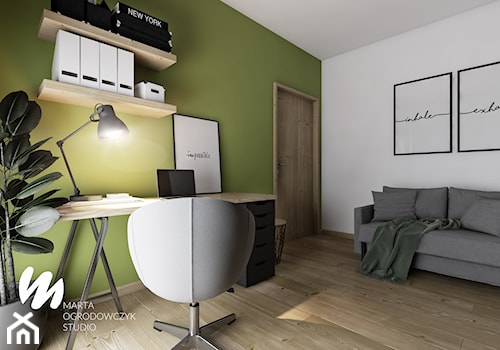Mieszkanie z czerwoną cegłą w Łodzi - Duże w osobnym pomieszczeniu z sofą białe zielone biuro, styl nowoczesny - zdjęcie od Marta Ogrodowczyk Studio