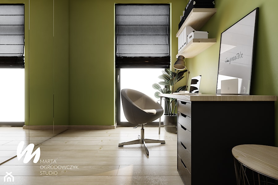 Mieszkanie z czerwoną cegłą w Łodzi - Małe w osobnym pomieszczeniu zielone biuro, styl nowoczesny - zdjęcie od Marta Ogrodowczyk Studio