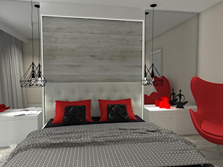 Sypialnia w szarości z akcentem czerwieni