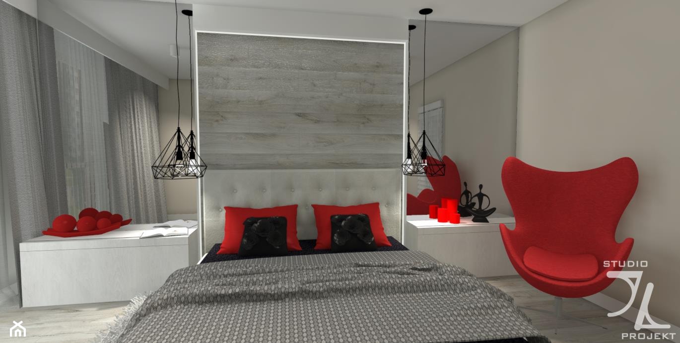 Sypialnia w szarości z akcentem czerwieni - zdjęcie od JLStudioProjekt - Homebook