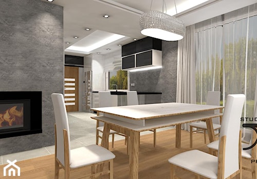 Projekt Salonu i Kuchni w jasnej tonacji z czarnym akcentem - zdjęcie od JLStudioProjekt