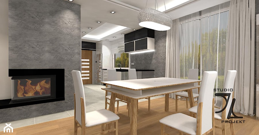 Projekt Salonu i Kuchni w jasnej tonacji z czarnym akcentem - zdjęcie od JLStudioProjekt