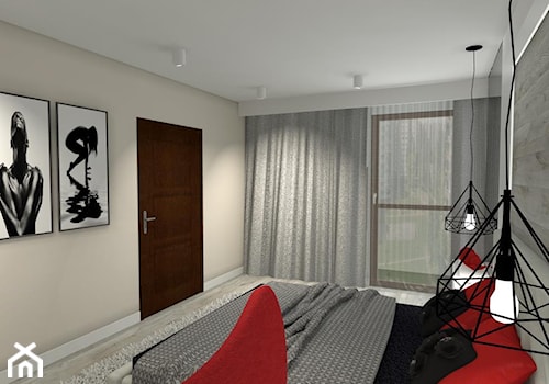 Sypialnia w szarości z akcentem czerwieni - zdjęcie od JLStudioProjekt