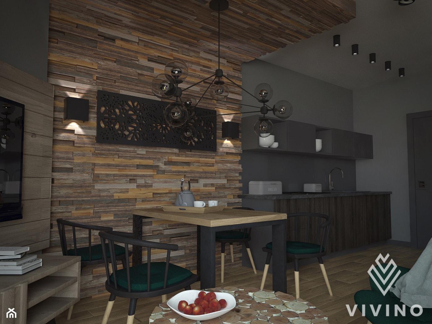 APARTAMENT Z MOCNYM DREWNIANYM AKCENTEM - Średnia szara jadalnia w salonie w kuchni - zdjęcie od VIVINO Studio - Homebook