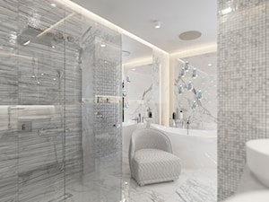 DOM W BIELI - Duża bez okna z lustrem z dwoma umywalkami z marmurową podłogą z punktowym oświetleniem łazienka, styl nowoczesny - zdjęcie od VIVINO Studio
