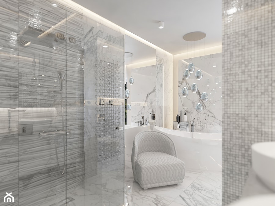 DOM W BIELI - Duża bez okna z lustrem z dwoma umywalkami z marmurową podłogą z punktowym oświetleniem łazienka, styl nowoczesny - zdjęcie od VIVINO Studio