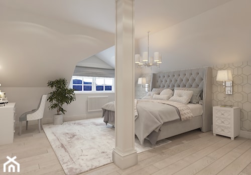 PRZESTRONNY DOM W STYLU HAMPTON - Duża biała szara z biurkiem sypialnia na poddaszu, styl tradycyjny - zdjęcie od VIVINO Studio