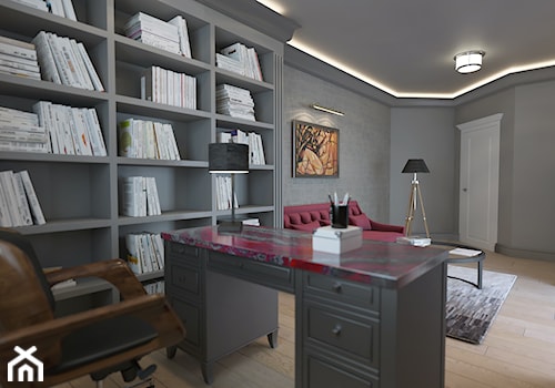 PRZESTRONNY DOM W STYLU HAMPTON - Średnie w osobnym pomieszczeniu z sofą szare biuro, styl tradycyjny - zdjęcie od VIVINO Studio