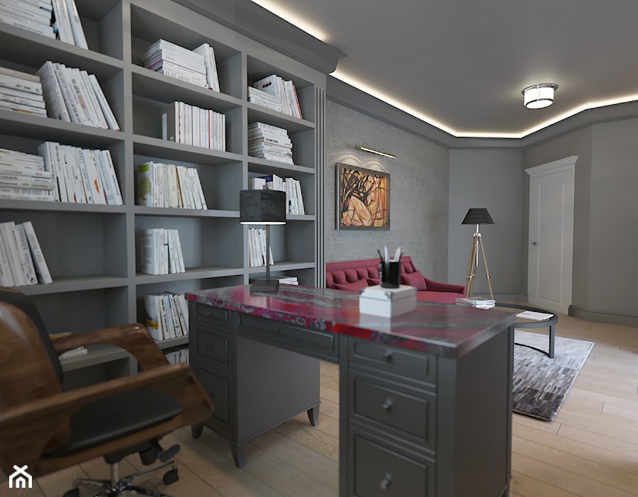 PRZESTRONNY DOM W STYLU HAMPTON - Średnie w osobnym pomieszczeniu z sofą szare biuro, styl tradycyjny - zdjęcie od VIVINO Studio