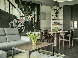 MIESZKANIE w MĘSKIM STYLU - Średnia beżowa czarna jadalnia w salonie w kuchni, styl rustykalny - zdjęcie od VIVINO Studio