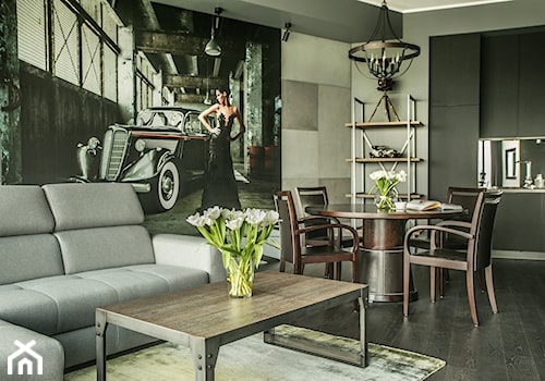 MIESZKANIE w MĘSKIM STYLU - Średnia beżowa czarna jadalnia w salonie w kuchni, styl rustykalny - zdjęcie od VIVINO Studio