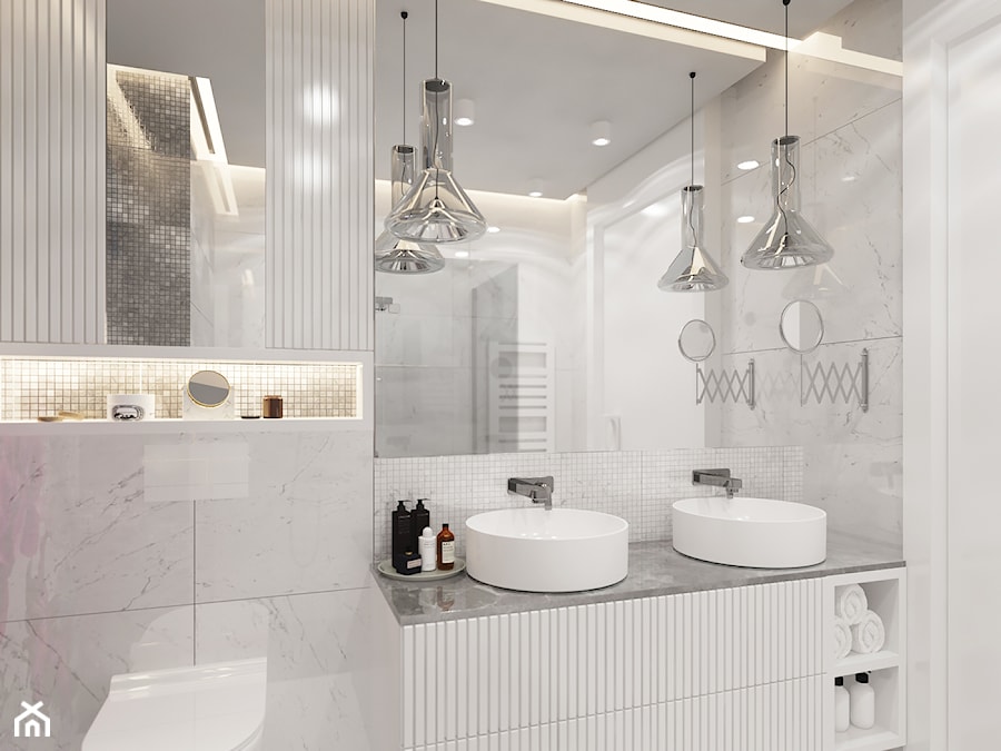 Średnia bez okna z lustrem z dwoma umywalkami z punktowym oświetleniem łazienka, styl nowoczesny - zdjęcie od VIVINO Studio