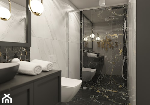 PRAWDZIWY PENTHOUSE WE WŁOSKIM KLIMACIE - Średnia bez okna z lustrem z marmurową podłogą z punktowym oświetleniem łazienka, styl nowoczesny - zdjęcie od VIVINO Studio