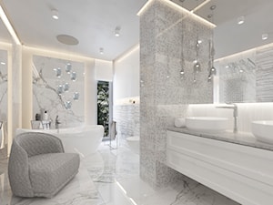 DOM W BIELI - Duża z lustrem z dwoma umywalkami z marmurową podłogą z punktowym oświetleniem łazienka z oknem, styl nowoczesny - zdjęcie od VIVINO Studio