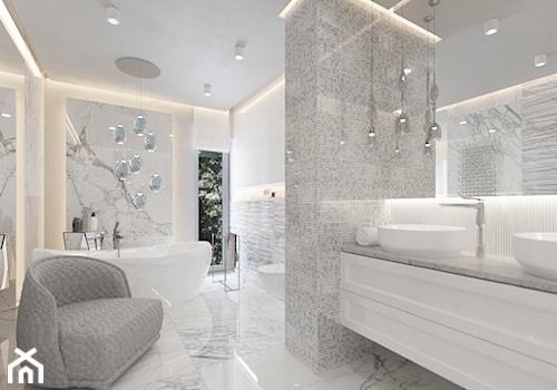 DOM W BIELI - Duża z lustrem z dwoma umywalkami z marmurową podłogą z punktowym oświetleniem łazienka z oknem, styl nowoczesny - zdjęcie od VIVINO Studio