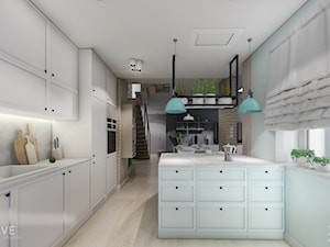 MIESZKANIE URSUS - dwa poziomy - Duża otwarta biała z zabudowaną lodówką z podblatowym zlewozmywakiem kuchnia jednorzędowa z wyspą lub półwyspem z oknem, styl tradycyjny - zdjęcie od INVENTIVE studio