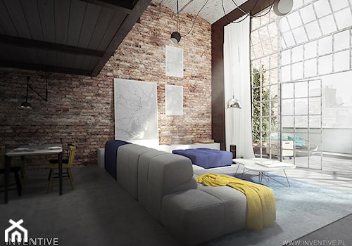 LOFTOWO INDUSTRIALNIE - Duży brązowy salon z jadalnią, styl industrialny - zdjęcie od INVENTIVE studio
