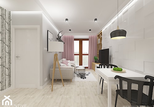 Mieszkanie z różowym akcentem. - Mały szary salon z jadalnią, styl skandynawski - zdjęcie od INVENTIVE studio