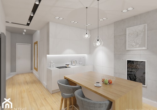 PRZYTULNY MINIMALIZM - Średnia otwarta z kamiennym blatem szara z zabudowaną lodówką z podblatowym zlewozmywakiem kuchnia w kształcie litery l, styl minimalistyczny - zdjęcie od INVENTIVE studio