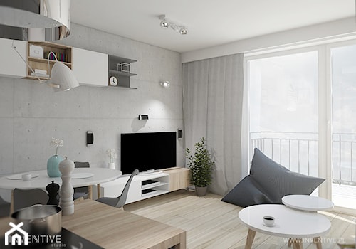 MĘSKI PUNKT WIDZENIA - Mały biały szary salon z kuchnią z jadalnią z tarasem / balkonem, styl minimalistyczny - zdjęcie od INVENTIVE studio