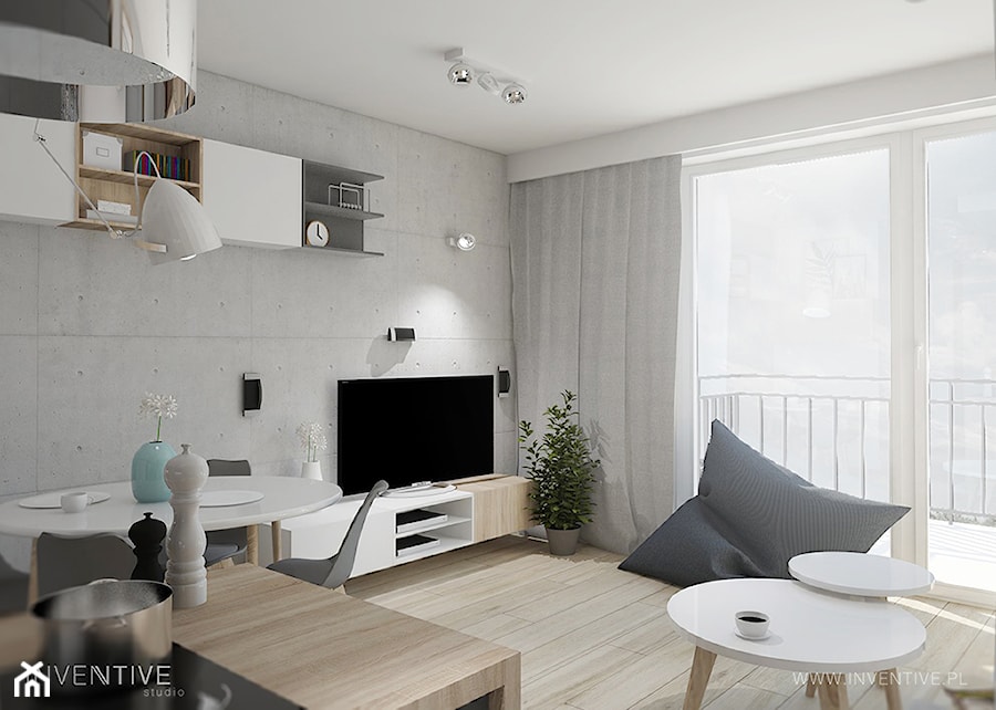 MĘSKI PUNKT WIDZENIA - Mały biały szary salon z kuchnią z jadalnią z tarasem / balkonem, styl minimalistyczny - zdjęcie od INVENTIVE studio