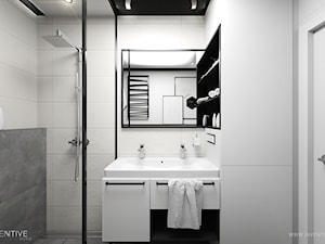 MIESZKANIE 70m2 w Łodzi - Mała na poddaszu bez okna z lustrem z dwoma umywalkami łazienka, styl minimalistyczny - zdjęcie od INVENTIVE studio