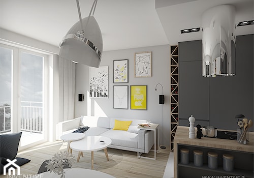 MĘSKI PUNKT WIDZENIA - Średni biały salon z kuchnią z jadalnią z tarasem / balkonem z barkiem, styl minimalistyczny - zdjęcie od INVENTIVE studio