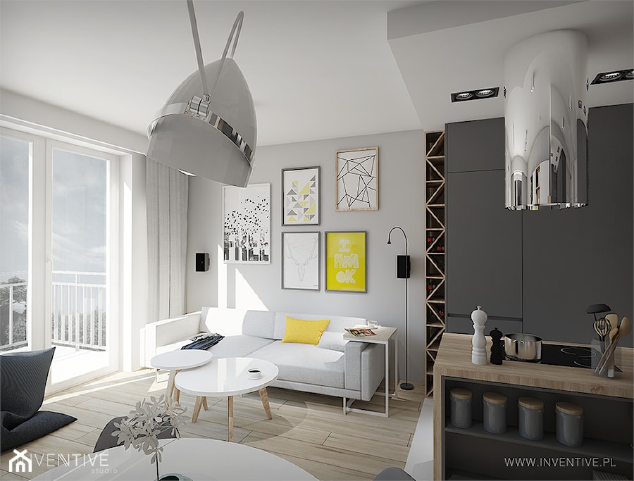MĘSKI PUNKT WIDZENIA - Średni biały salon z kuchnią z jadalnią z tarasem / balkonem z barkiem, styl minimalistyczny - zdjęcie od INVENTIVE studio