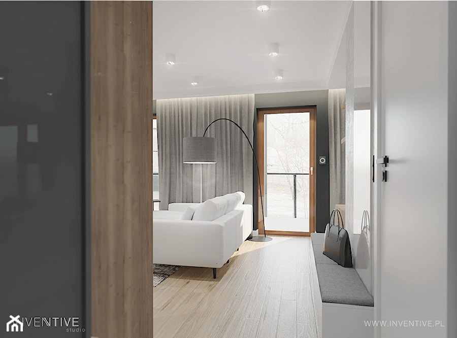 HARMONIJNIE - Szary salon z tarasem / balkonem, styl nowoczesny - zdjęcie od INVENTIVE studio