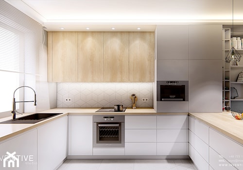 DOM BIAŁOŁĘKA - Średnia otwarta szara z zabudowaną lodówką z nablatowym zlewozmywakiem kuchnia w kształcie litery u z oknem, styl nowoczesny - zdjęcie od INVENTIVE studio