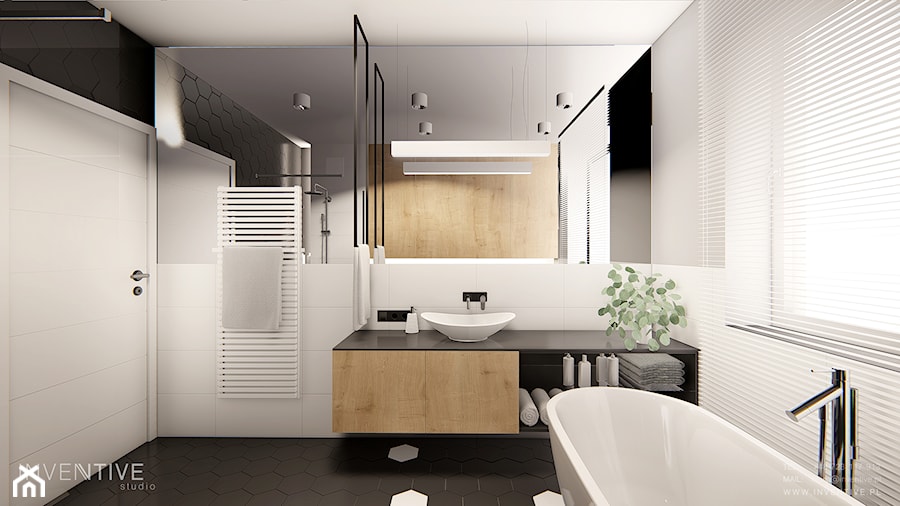 DOM BIAŁOŁĘKA - Średnia z lustrem z punktowym oświetleniem łazienka z oknem, styl nowoczesny - zdjęcie od INVENTIVE studio