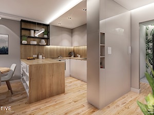 Ursynów - Średnia otwarta szara z zabudowaną lodówką z lodówką wolnostojącą z podblatowym zlewozmywakiem kuchnia w kształcie litery g, styl nowoczesny - zdjęcie od INVENTIVE studio