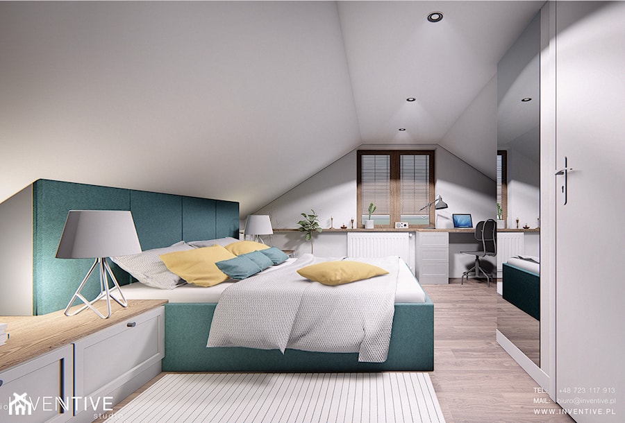 DOM CELESTYNÓW - Średnia biała szara z biurkiem sypialnia na poddaszu, styl tradycyjny - zdjęcie od INVENTIVE studio